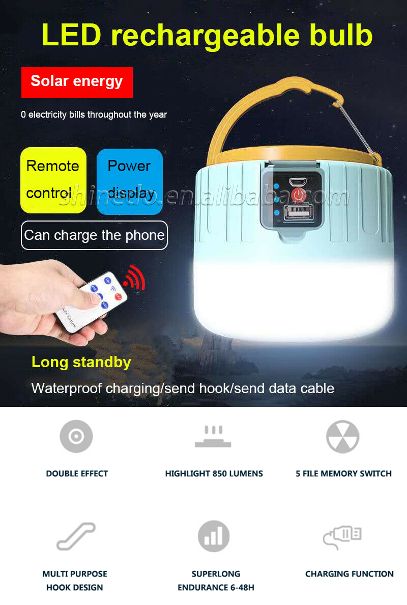 Solar Light 3 Modes Power Bank Waterproof Emergency LED Camping Lights Rechargeable Camping Lantern with Remote