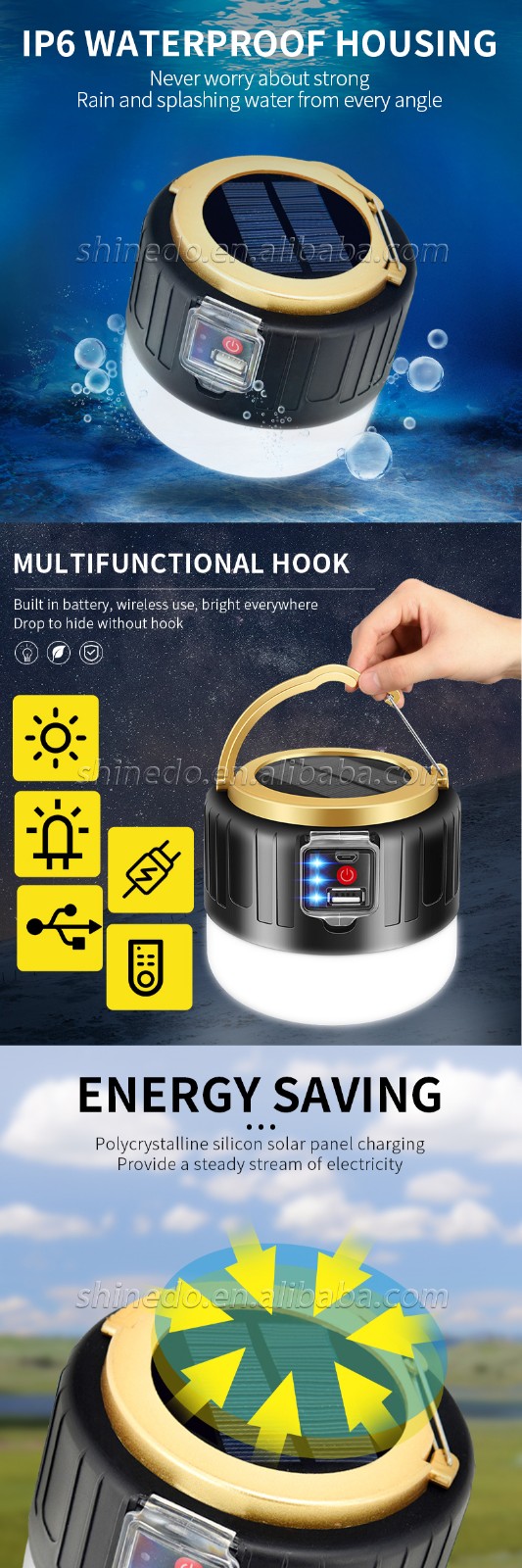Solar Light 3 Modes Power Bank Waterproof Emergency LED Camping Lights Rechargeable Camping Lantern with Remote