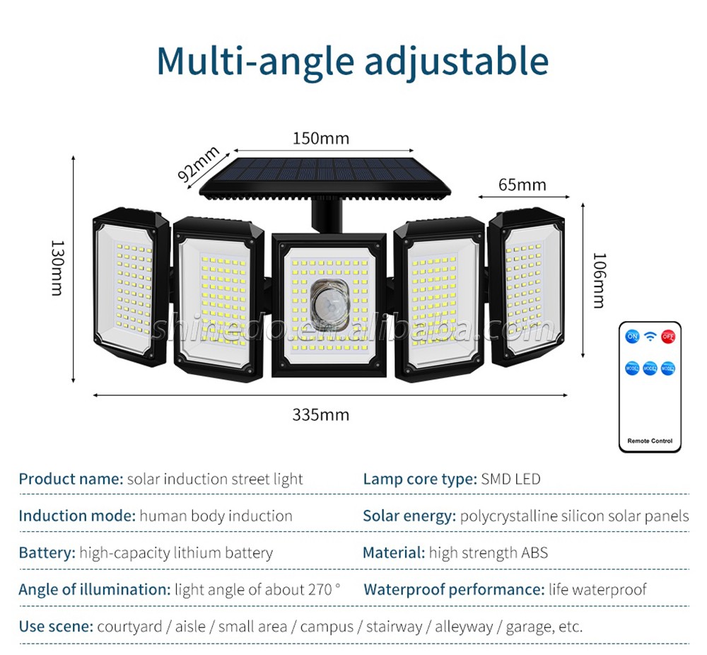 Super Bright 300 LED Solar Light IP65 waterproof motion sensor Outdoor Solar 5 head remote control wall gardenn light security