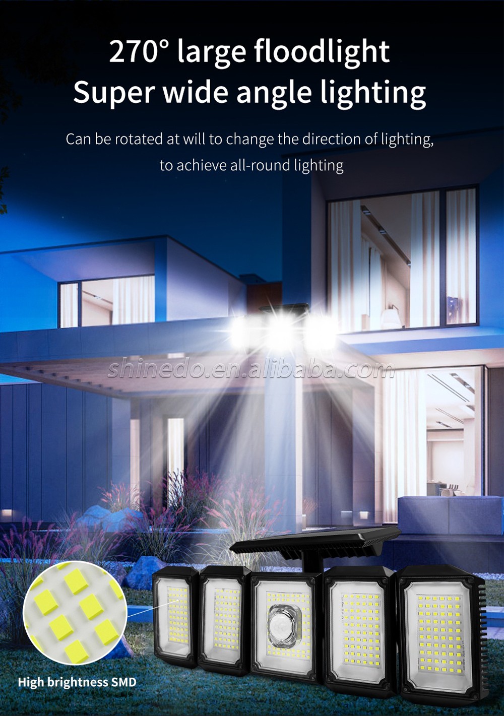 Super Bright 300 LED Solar Light IP65 waterproof motion sensor Outdoor Solar 5 head remote control wall gardenn light security