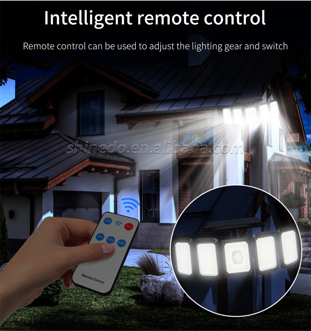 Super Bright 300 LED Solar Light IP65 waterproof motion sensor Outdoor Solar 5 head remote control wall gardenn light security