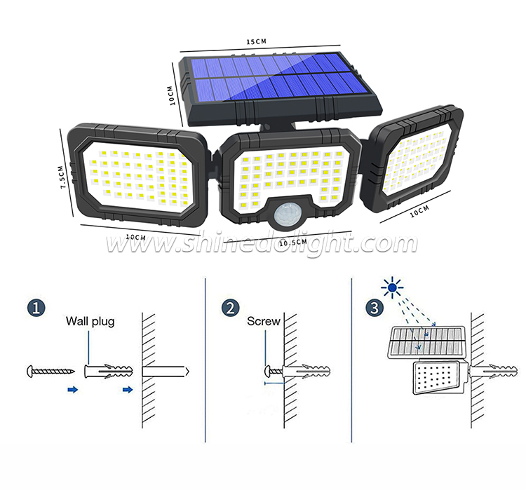 142LED Three Head Solar Lamp PIR Motion Sensor Waterproof Adjustable Angle Lights Solar garden Wall Light