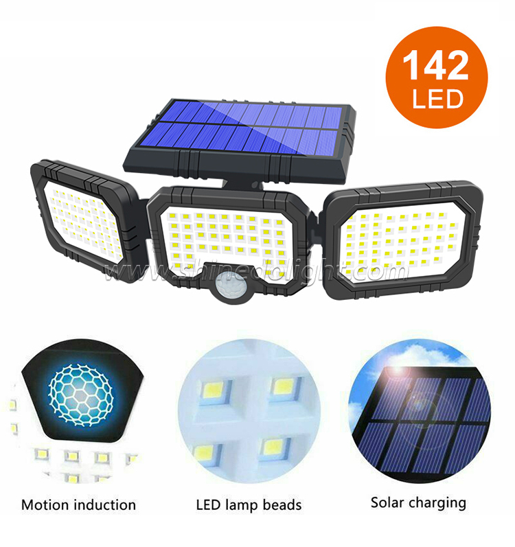 142LED Three Head Solar Lamp PIR Motion Sensor Waterproof Adjustable Angle Lights Solar garden Wall Light