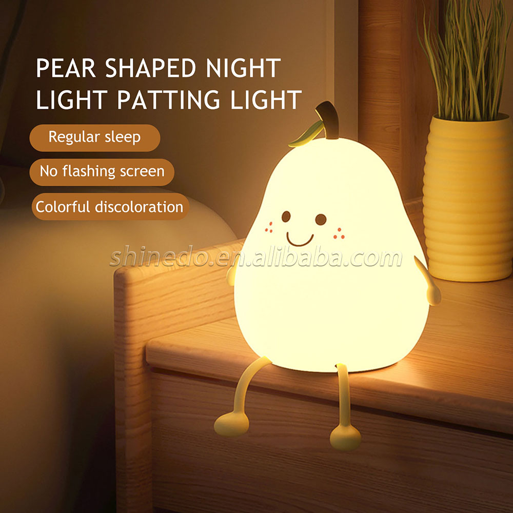 LED Pear Fruit Night Light USB Rechargeable 7 Colors Dimming Touch Silicone Table Lamp Cartoon Cute Bedroom Decor Bedside Lamp