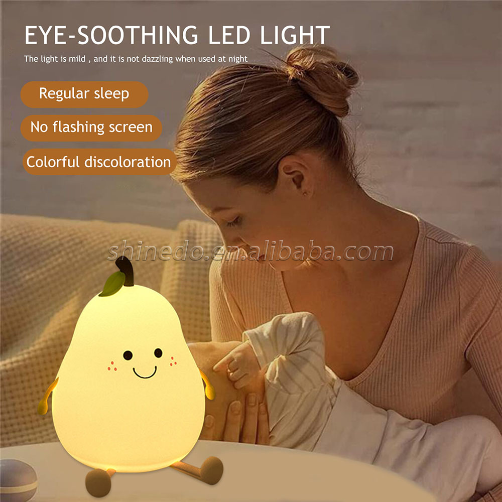 LED Pear Fruit Night Light USB Rechargeable 7 Colors Dimming Touch Silicone Table Lamp Cartoon Cute Bedroom Decor Bedside Lamp