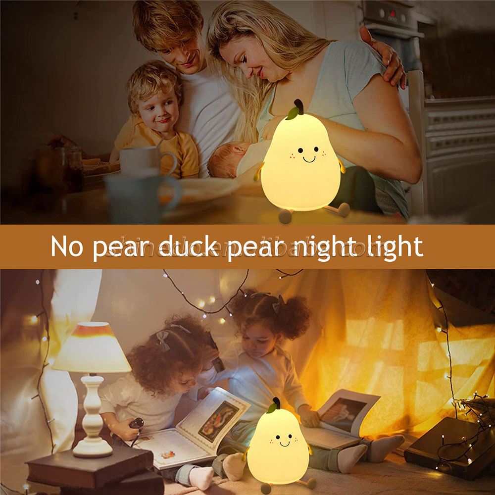 LED Pear Fruit Night Light USB Rechargeable 7 Colors Dimming Touch Silicone Table Lamp Cartoon Cute Bedroom Decor Bedside Lamp