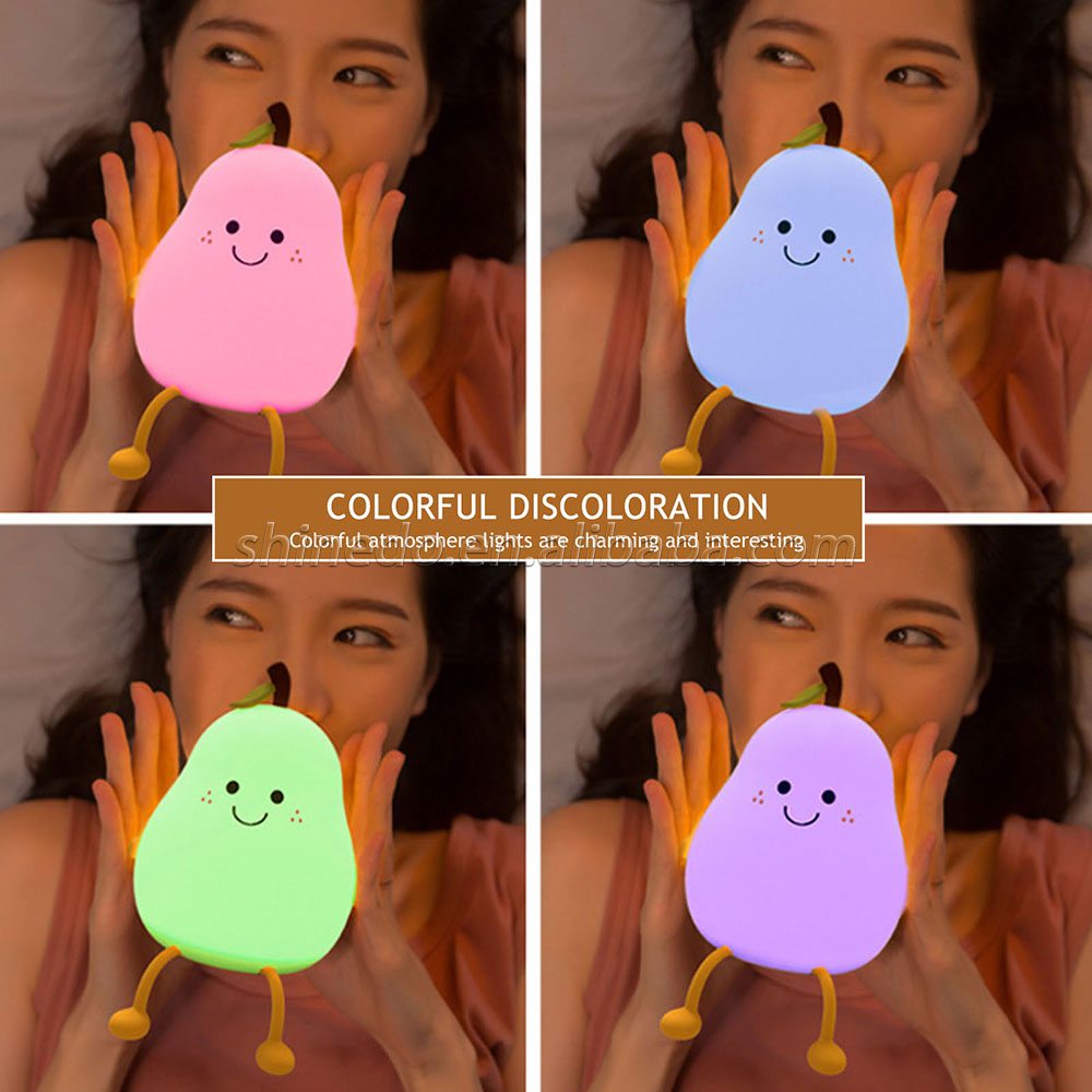 LED Pear Fruit Night Light USB Rechargeable 7 Colors Dimming Touch Silicone Table Lamp Cartoon Cute Bedroom Decor Bedside Lamp