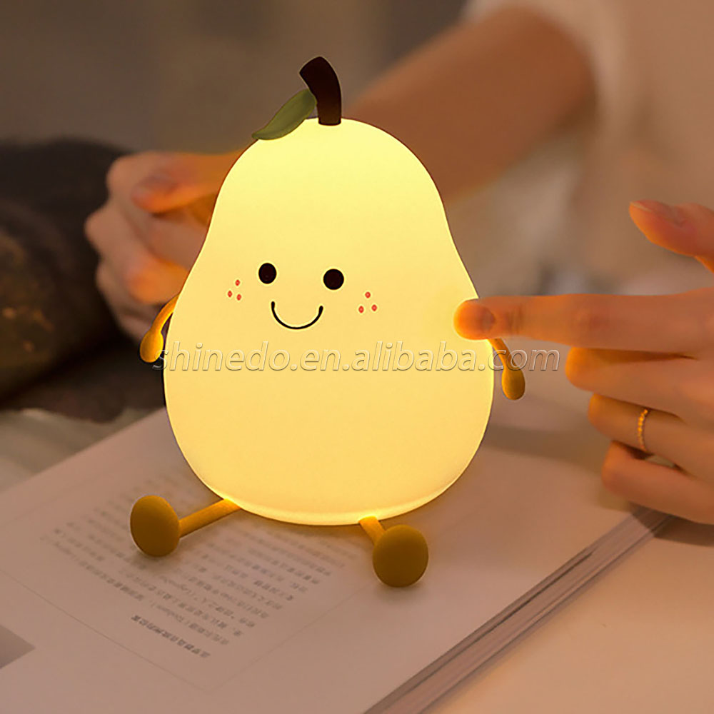 LED Pear Fruit Night Light USB Rechargeable 7 Colors Dimming Touch Silicone Table Lamp Cartoon Cute Bedroom Decor Bedside Lamp