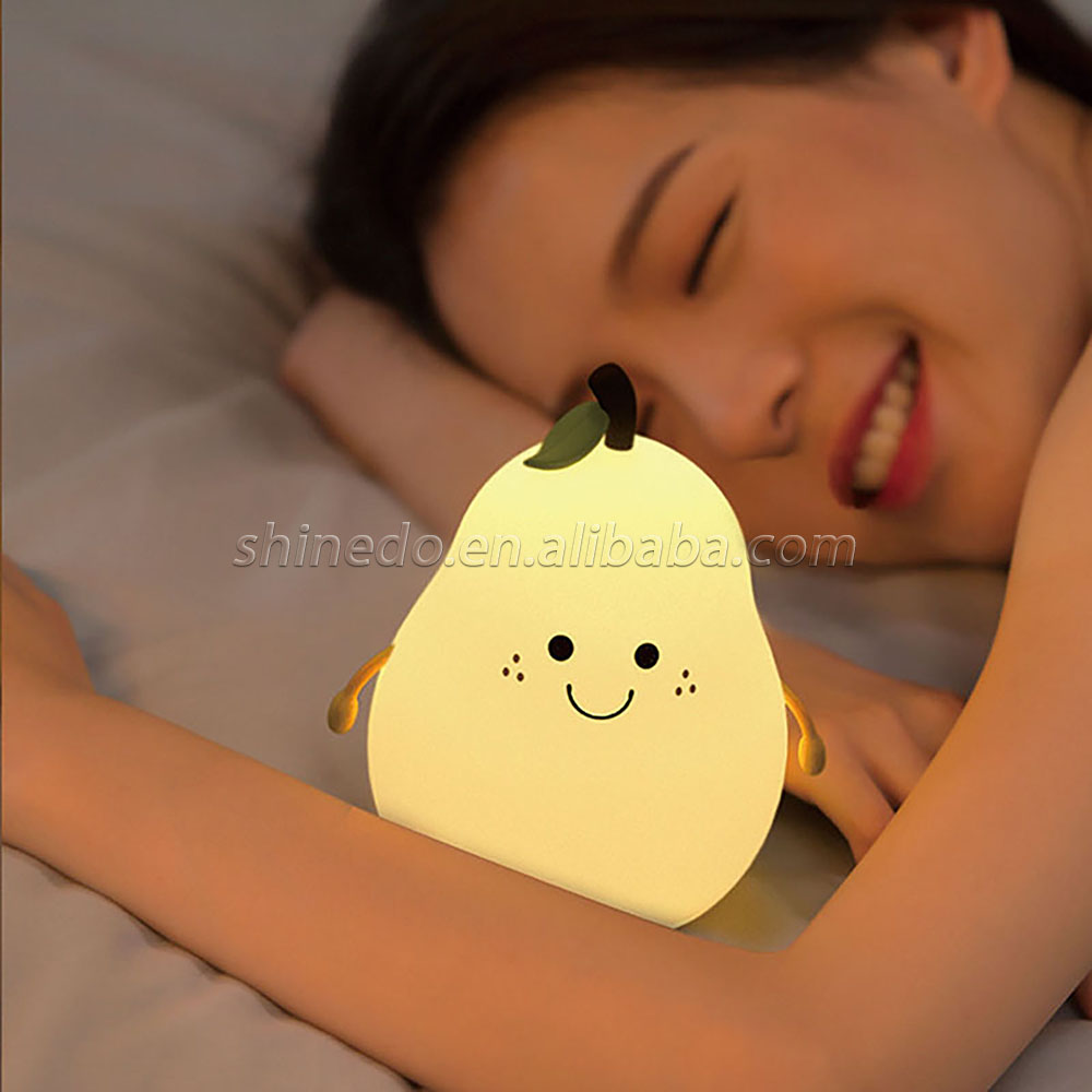 LED Pear Fruit Night Light USB Rechargeable 7 Colors Dimming Touch Silicone Table Lamp Cartoon Cute Bedroom Decor Bedside Lamp