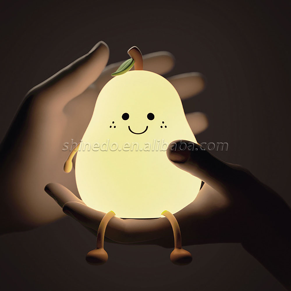 LED Pear Fruit Night Light USB Rechargeable 7 Colors Dimming Touch Silicone Table Lamp Cartoon Cute Bedroom Decor Bedside Lamp