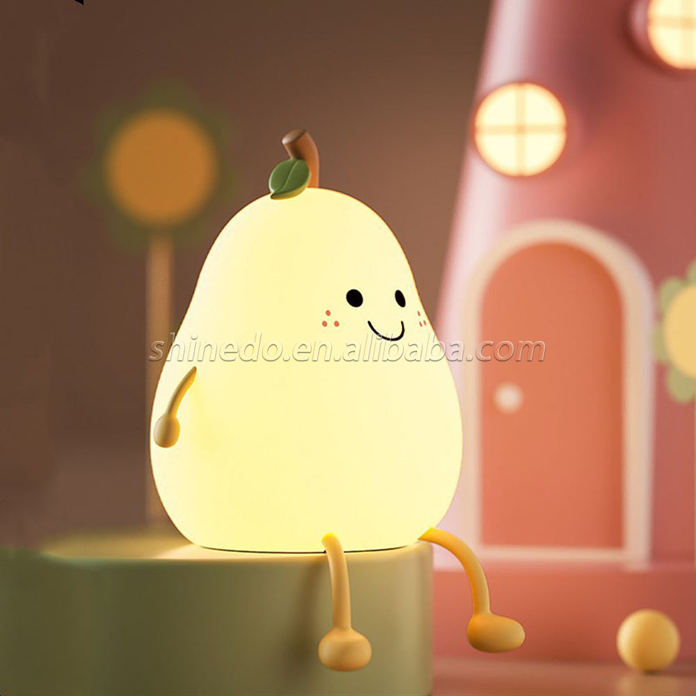 LED Pear Fruit Night Light USB Rechargeable 7 Colors Dimming Touch Silicone Table Lamp Cartoon Cute Bedroom Decor Bedside Lamp