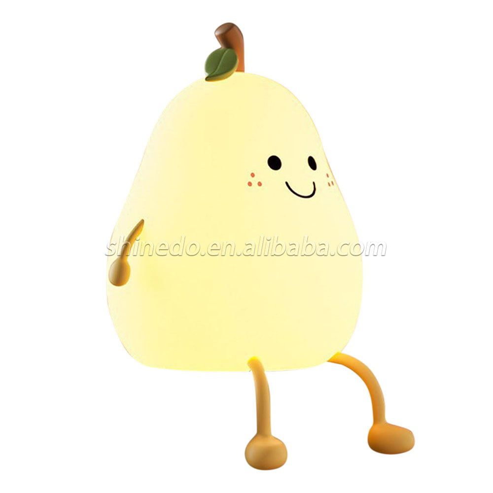 LED Pear Fruit Night Light USB Rechargeable 7 Colors Dimming Touch Silicone Table Lamp Cartoon Cute Bedroom Decor Bedside Lamp