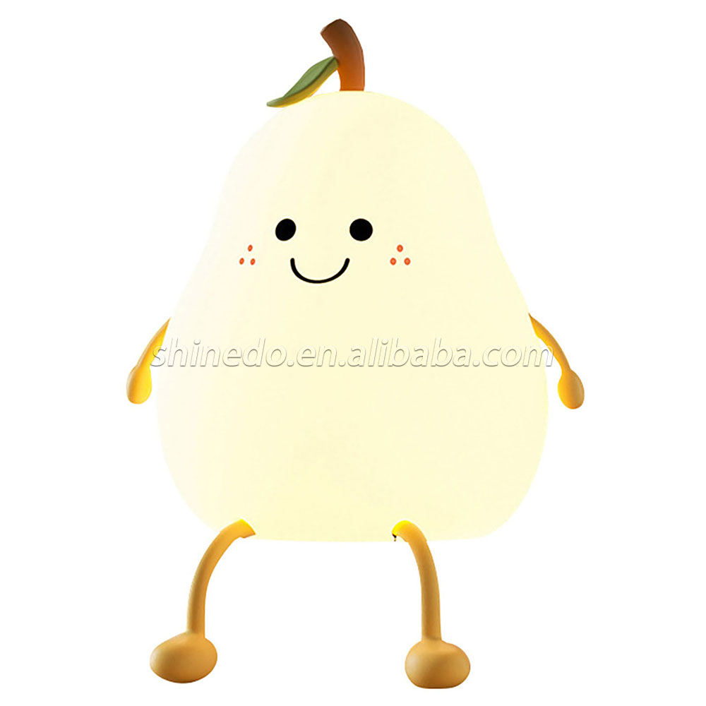 LED Pear Fruit Night Light USB Rechargeable 7 Colors Dimming Touch Silicone Table Lamp Cartoon Cute Bedroom Decor Bedside Lamp