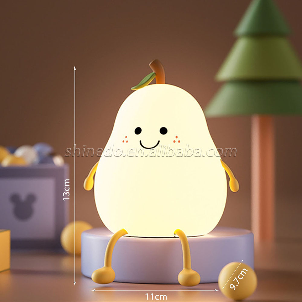 LED Pear Fruit Night Light USB Rechargeable 7 Colors Dimming Touch Silicone Table Lamp Cartoon Cute Bedroom Decor Bedside Lamp