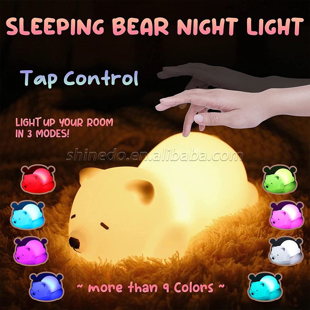 Sleeping Bear Night Light, Soft Animal Silicone Night Light for Kids Room Bedroom, Portable USB Rechargeable baby night light