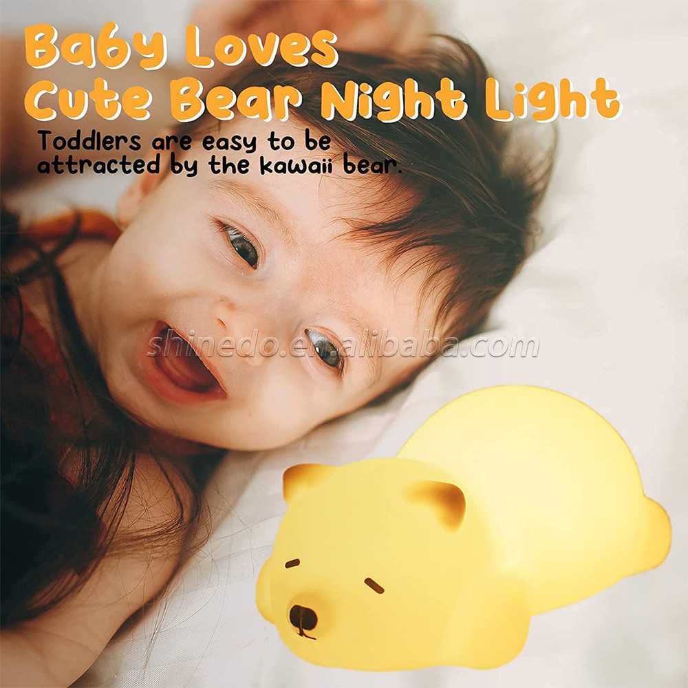 Sleeping Bear Night Light, Soft Animal Silicone Night Light for Kids Room Bedroom, Portable USB Rechargeable baby night light