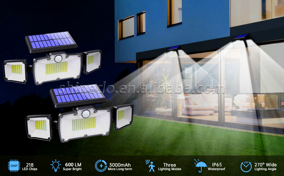 3 Heads Solar Outdoor Security Light Illumination Motion Sensors Lamp with Remote Control