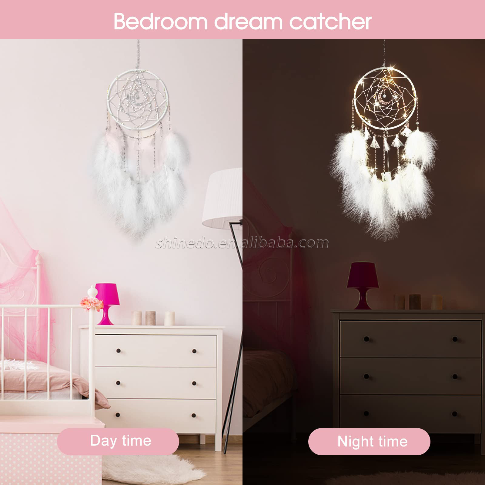 Handmade LED lights white feather dream catcher used for bedroom hanging wall interior decorations SD-SW199