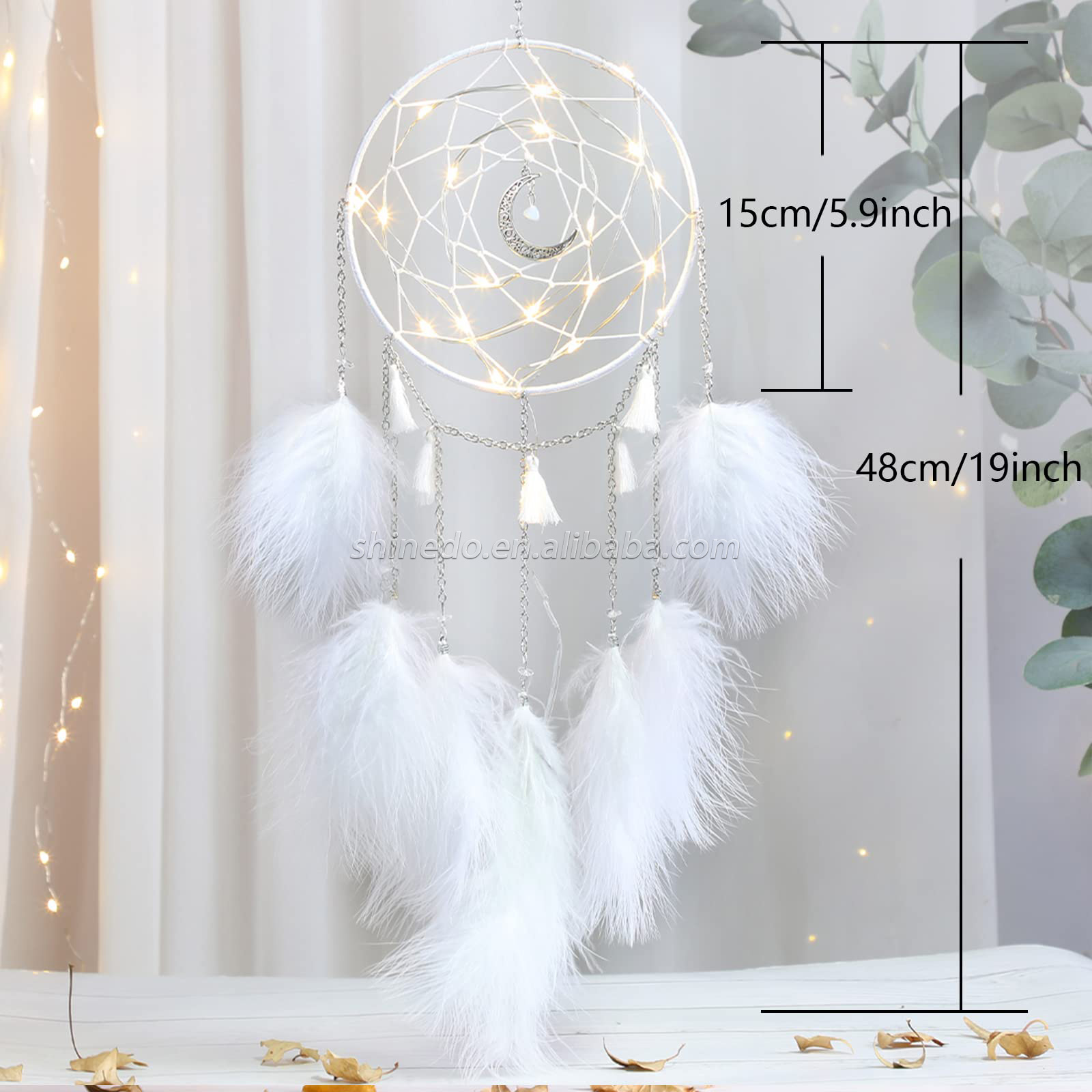 Handmade LED lights white feather dream catcher used for bedroom hanging wall interior decorations SD-SW199