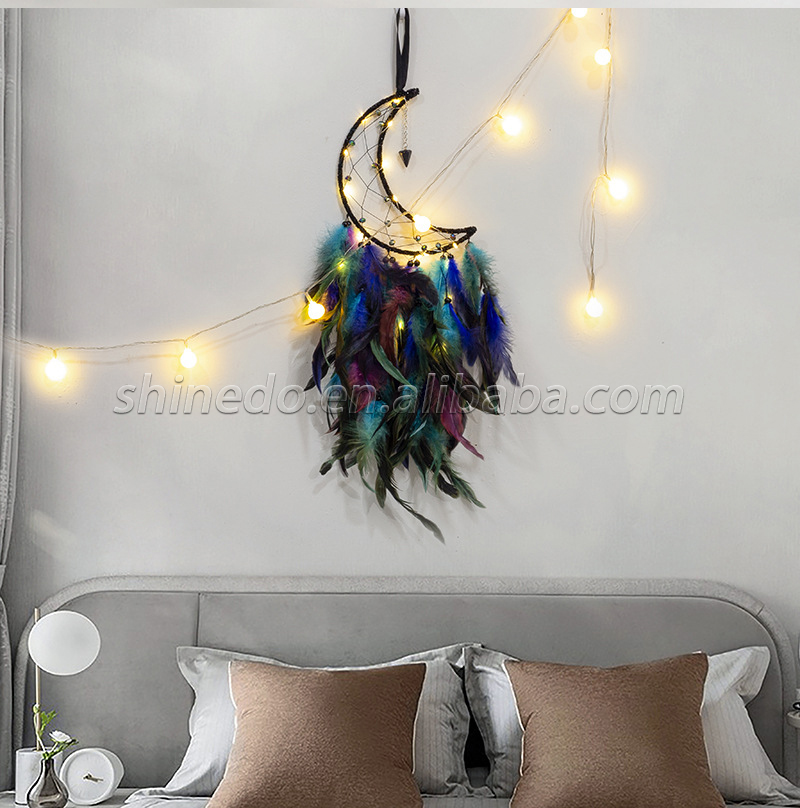 Handcrafted colorful feather lucky turquoise pendant beaded fairy lamp moonlit dream catcher SD-SW147