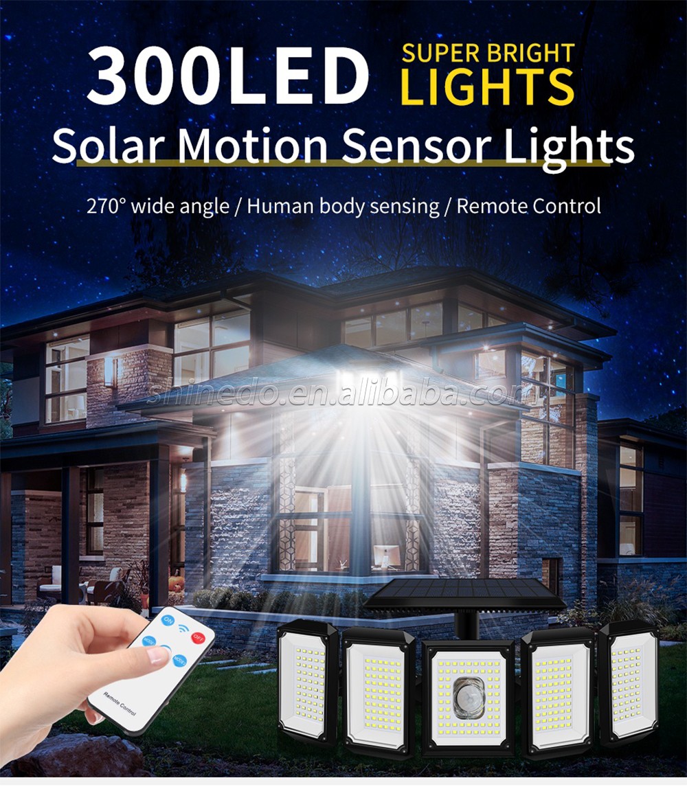 Super Bright 300 LED Solar Light IP65 waterproof motion sensor Outdoor Solar 5 head remote control wall gardenn light security SD-SSE199