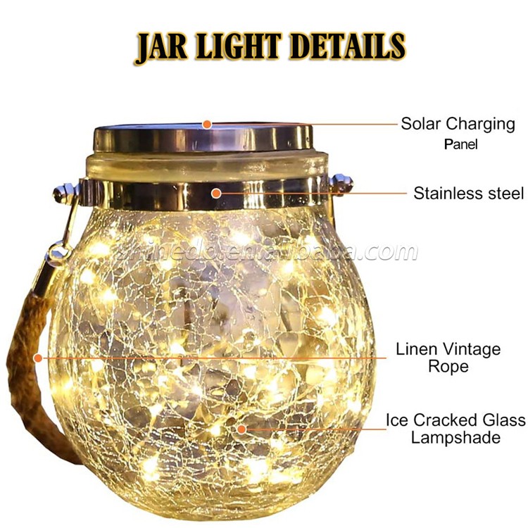 Waterproof Patio Wedding Hanging Mason Jar Lights, Warm Crack Glass Bottle Solar Jar Light SD-SL117