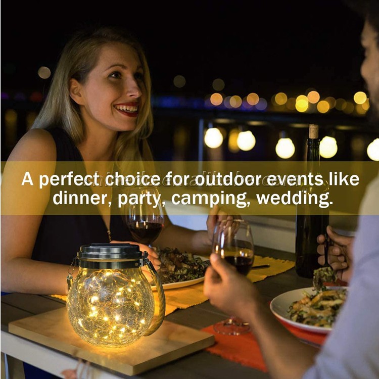 Waterproof Patio Wedding Hanging Mason Jar Lights, Warm Crack Glass Bottle Solar Jar Light SD-SL117