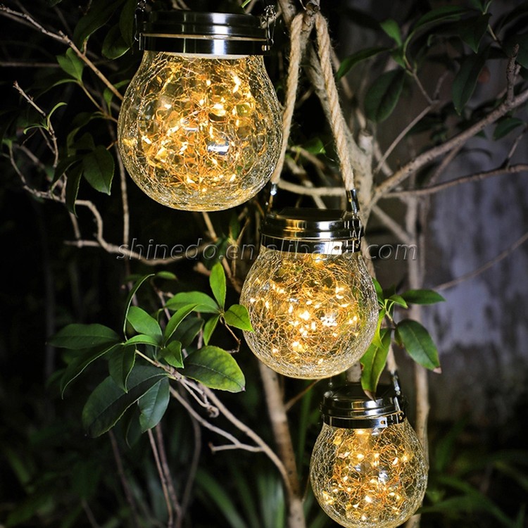 Waterproof Patio Wedding Hanging Mason Jar Lights, Warm Crack Glass Bottle Solar Jar Light SD-SL117