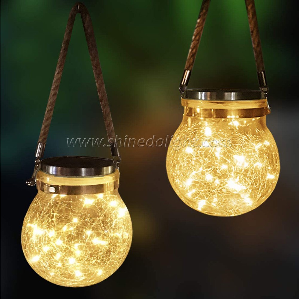 Waterproof Patio Wedding Hanging Mason Jar Lights, Warm Crack Glass Bottle Solar Jar Light SD-SL117