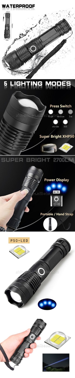 Super Bright Outdoor Aluminum Waterproof with P50 LED Rechargeable Torch Flashlight SD-SL308