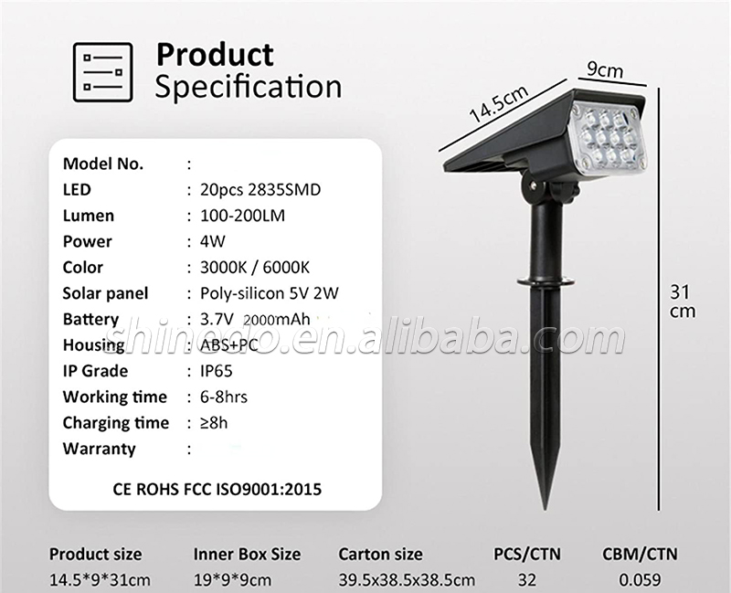 IP65 Waterproof LED Landscape Lights with Stake Adjustable Spotlight Garden Solar Landscape Light for Outdoor Pathway Garden SD-SL1725