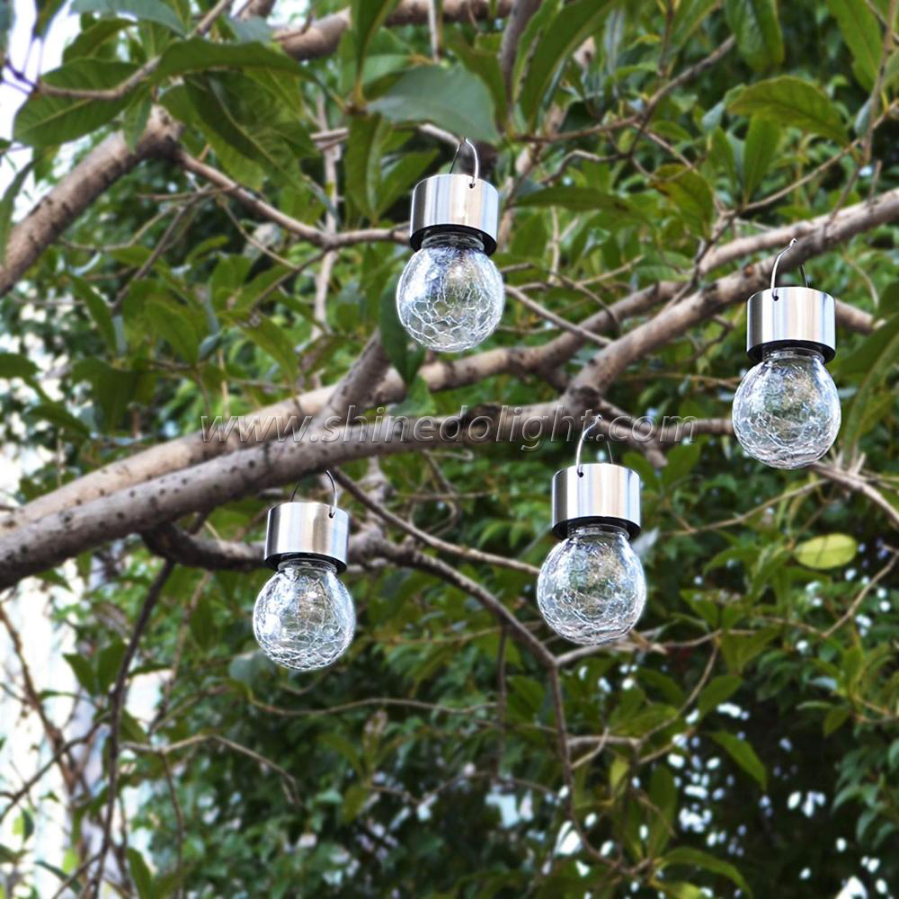 Solar Powered Crackle Glass Hanging Led Ball Light For Garden Park