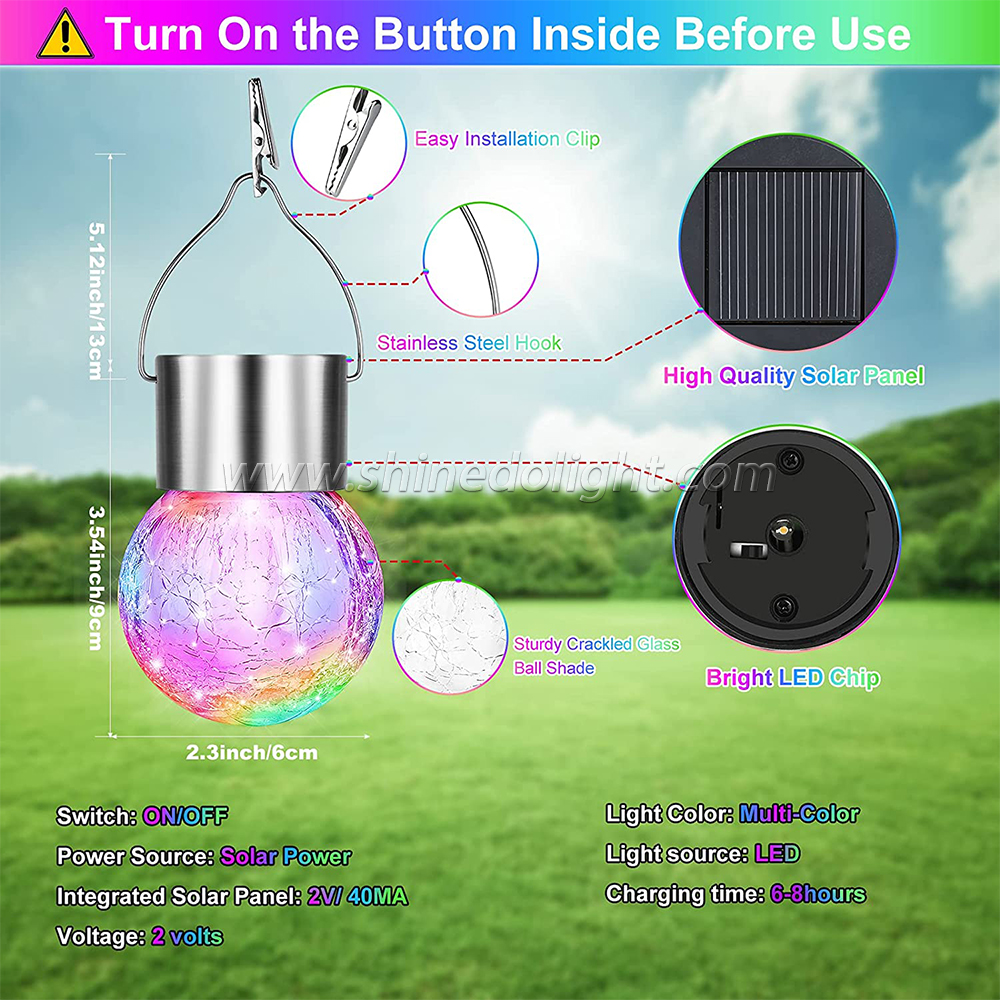 Waterproof Cracked Glass Ball With Clip LED Hanging Solar Garden Light