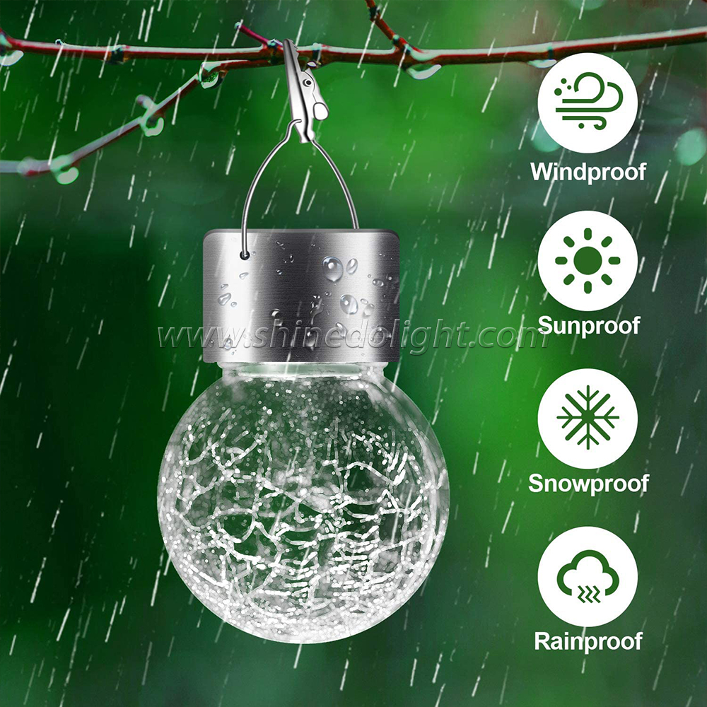 Waterproof Cracked Glass Ball With Clip LED Hanging Solar Garden Light