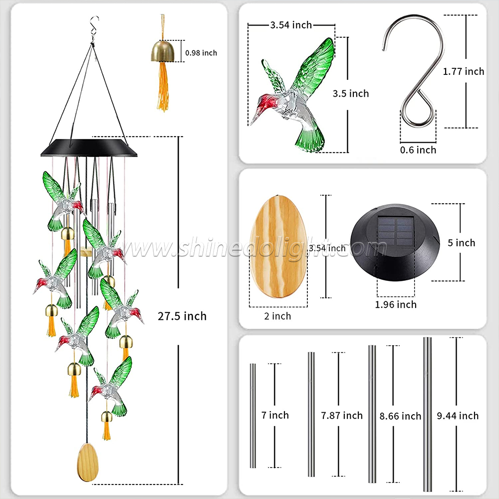 Color Changing Solar Wind Chime Outdoor Waterproof Hummingbird LED Solar Hummingbird Wind Chimes with Metal Tu