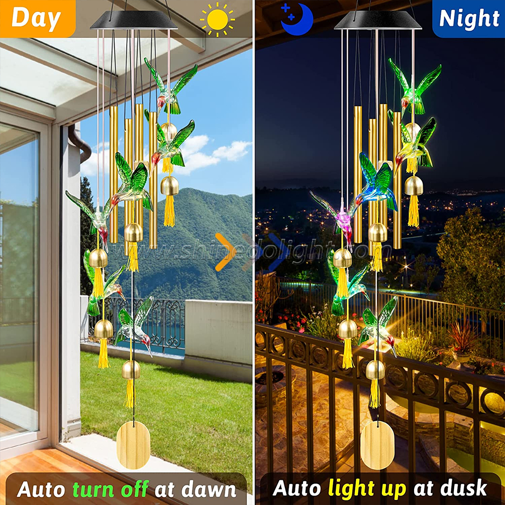 Color Changing Solar Wind Chime Outdoor Waterproof Hummingbird LED Solar Hummingbird Wind Chimes with Metal Tu