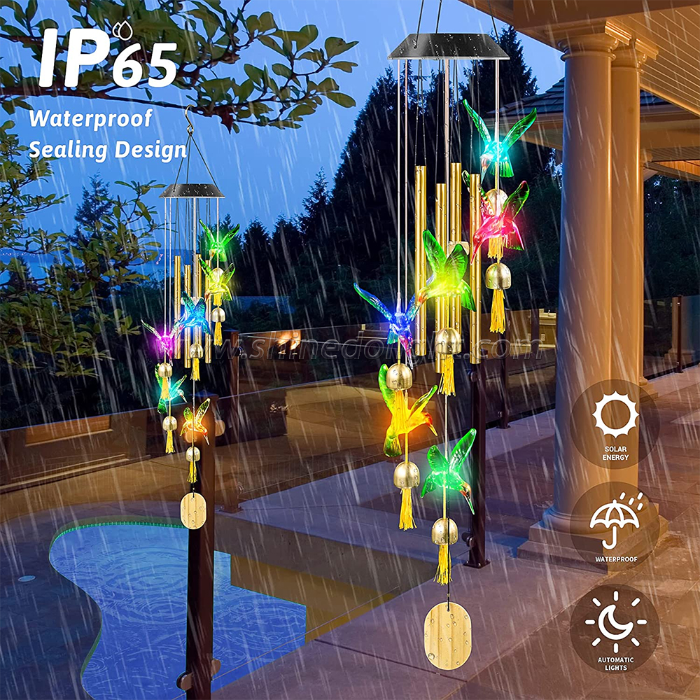 Color Changing Solar Wind Chime Outdoor Waterproof Hummingbird LED Solar Hummingbird Wind Chimes with Metal Tu