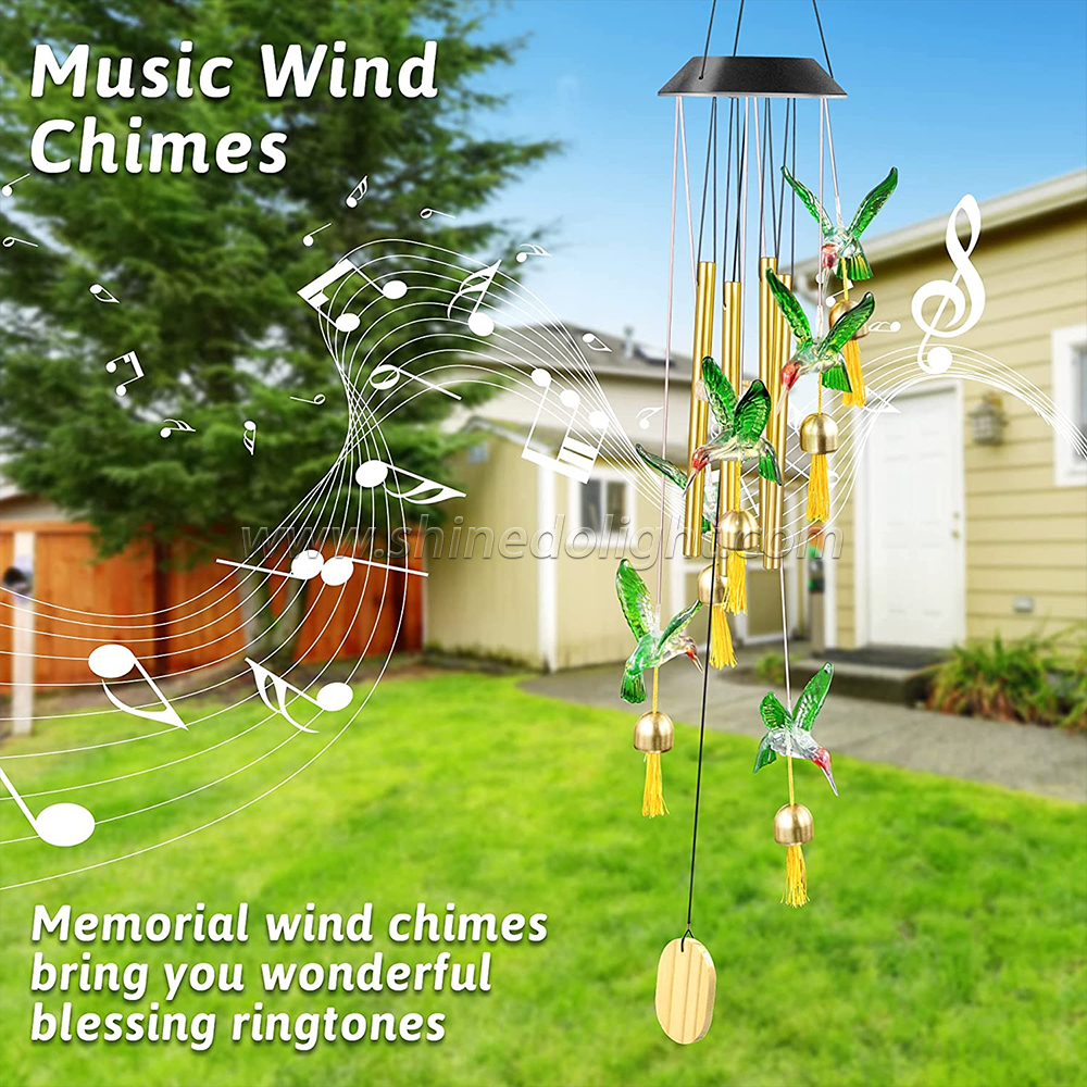 Color Changing Solar Wind Chime Outdoor Waterproof Hummingbird LED Solar Hummingbird Wind Chimes with Metal Tu