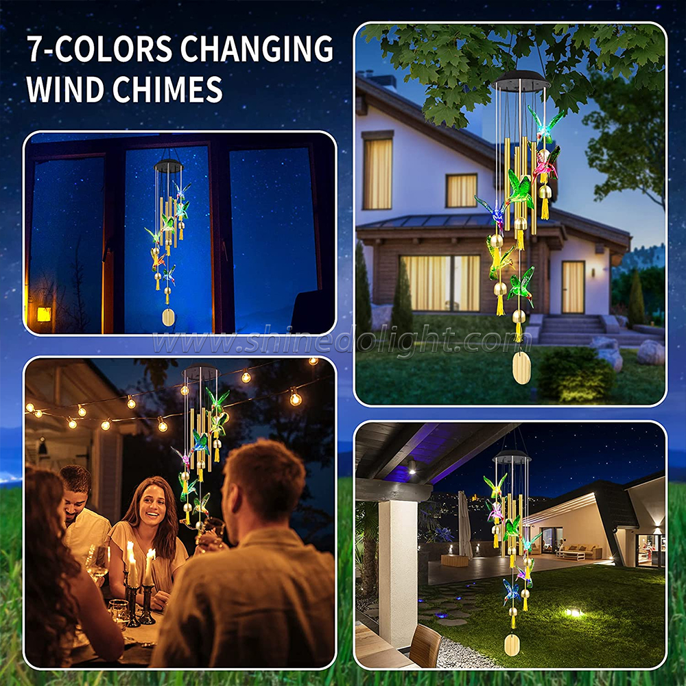 Color Changing Solar Wind Chime Outdoor Waterproof Hummingbird LED Solar Hummingbird Wind Chimes with Metal Tu