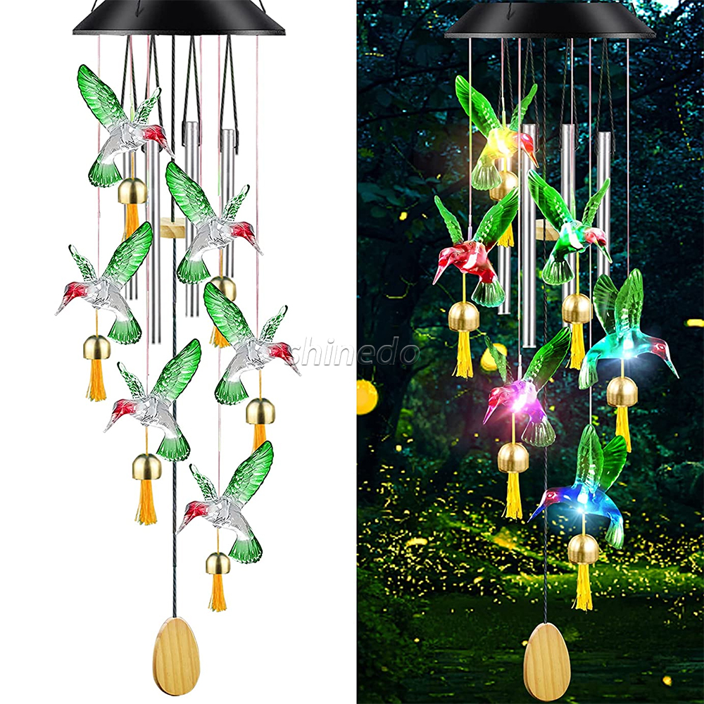 Color Changing Solar Wind Chime Outdoor Waterproof Hummingbird LED Solar Hummingbird Wind Chimes with Metal Tu