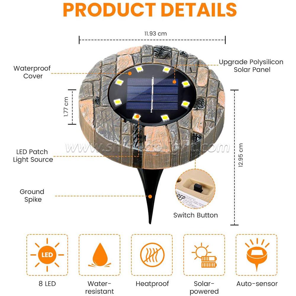 Stone-imitation Design 8LEDs Warm/Cold Lighting Color Outdoor Waterproof High Efficient Panel Solar Underground Light