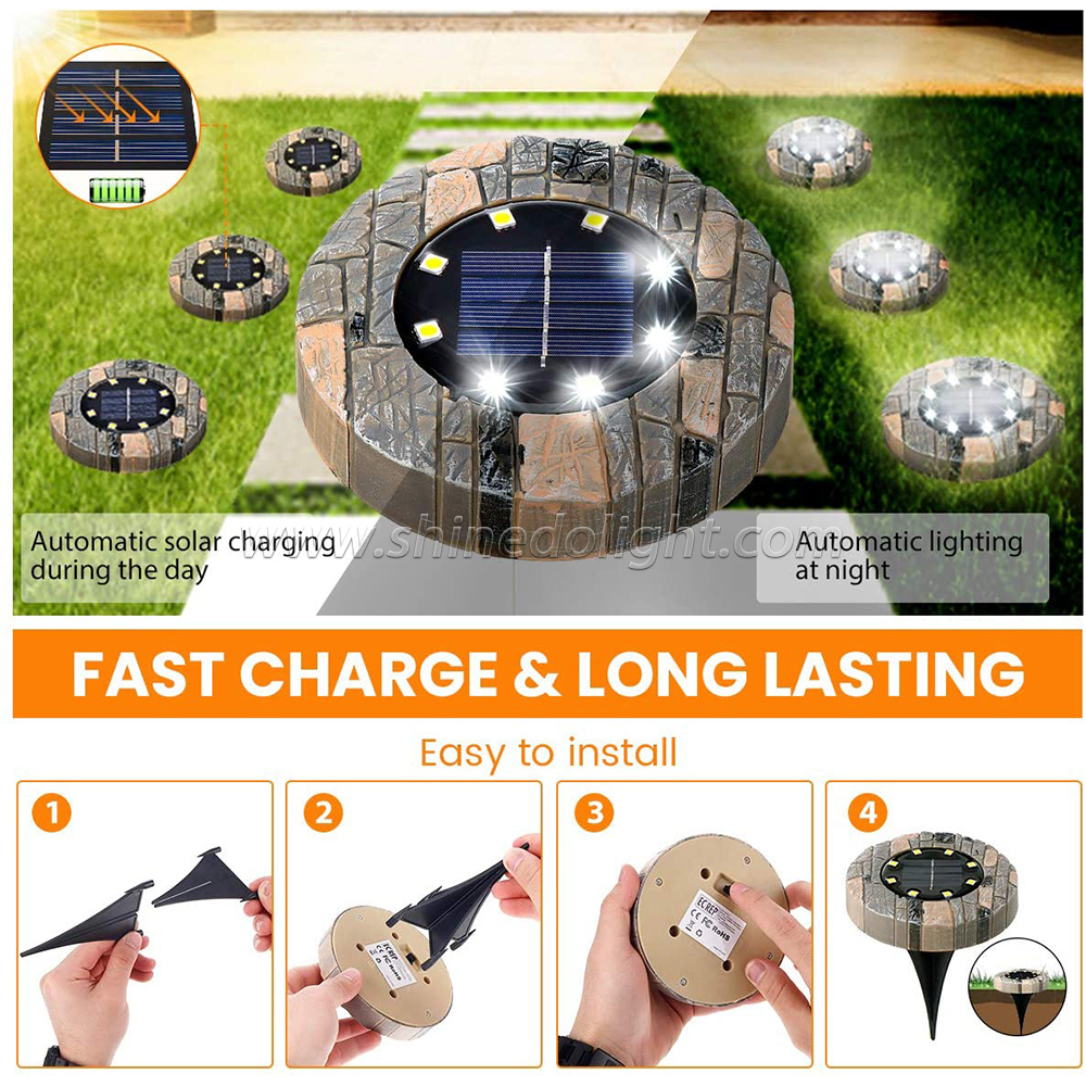 Stone-imitation Design 8LEDs Warm/Cold Lighting Color Outdoor Waterproof High Efficient Panel Solar Underground Light