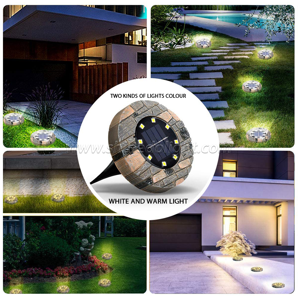 Stone-imitation Design 8LEDs Warm/Cold Lighting Color Outdoor Waterproof High Efficient Panel Solar Underground Light