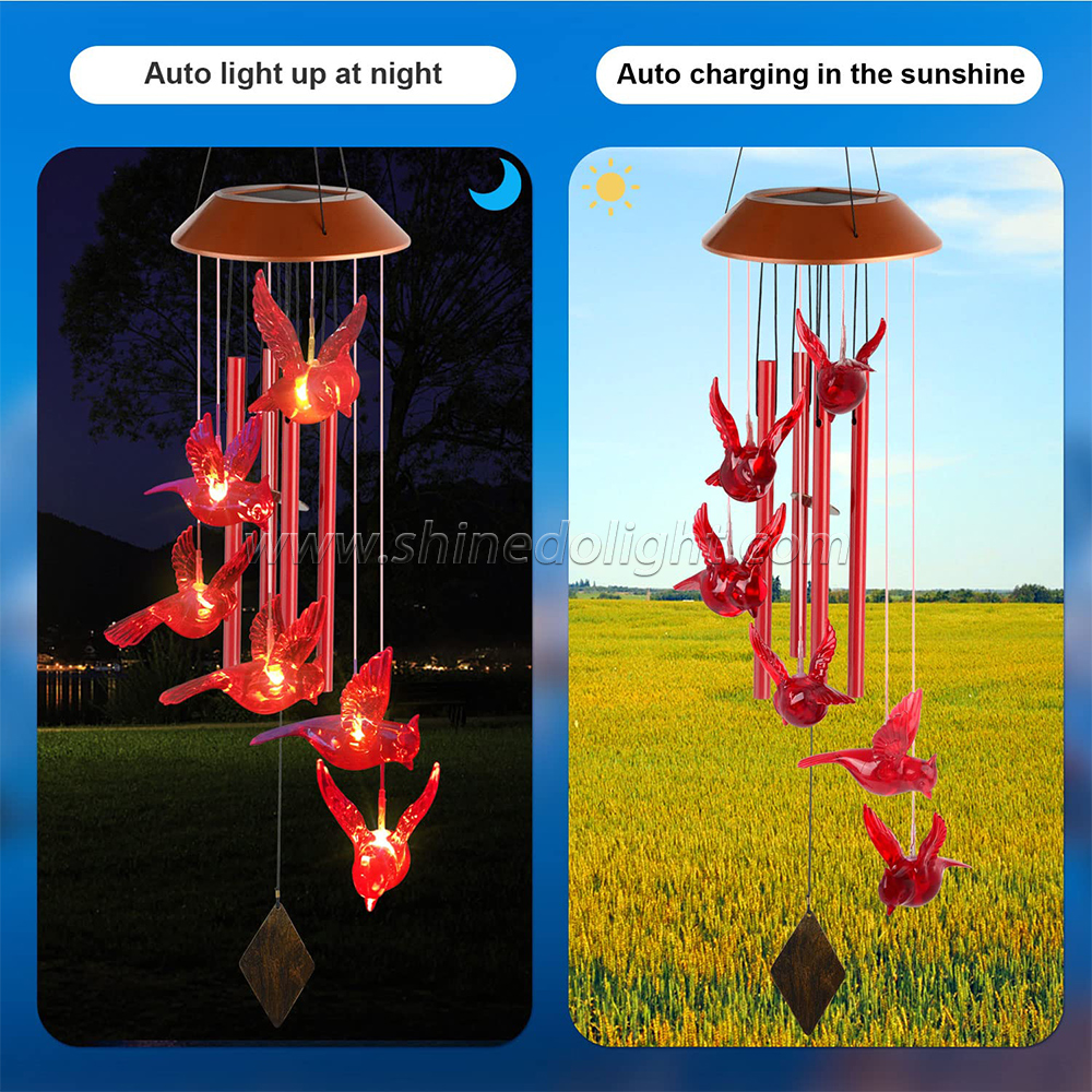 Hot Selling ABS Plastic Red Bird 6 LEDs with High Battery Capacity Garden Solar Wind Chime Light