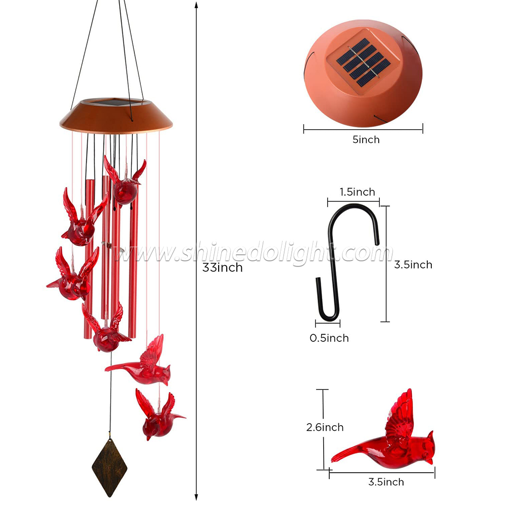 Hot Selling ABS Plastic Red Bird 6 LEDs with High Battery Capacity Garden Solar Wind Chime Light