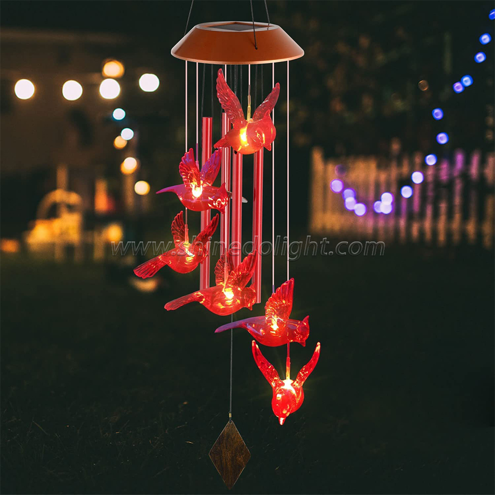 Hot Selling ABS Plastic Red Bird 6 LEDs with High Battery Capacity Garden Solar Wind Chime Light