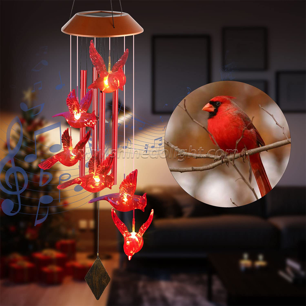 Hot Selling ABS Plastic Red Bird 6 LEDs with High Battery Capacity Garden Solar Wind Chime Light