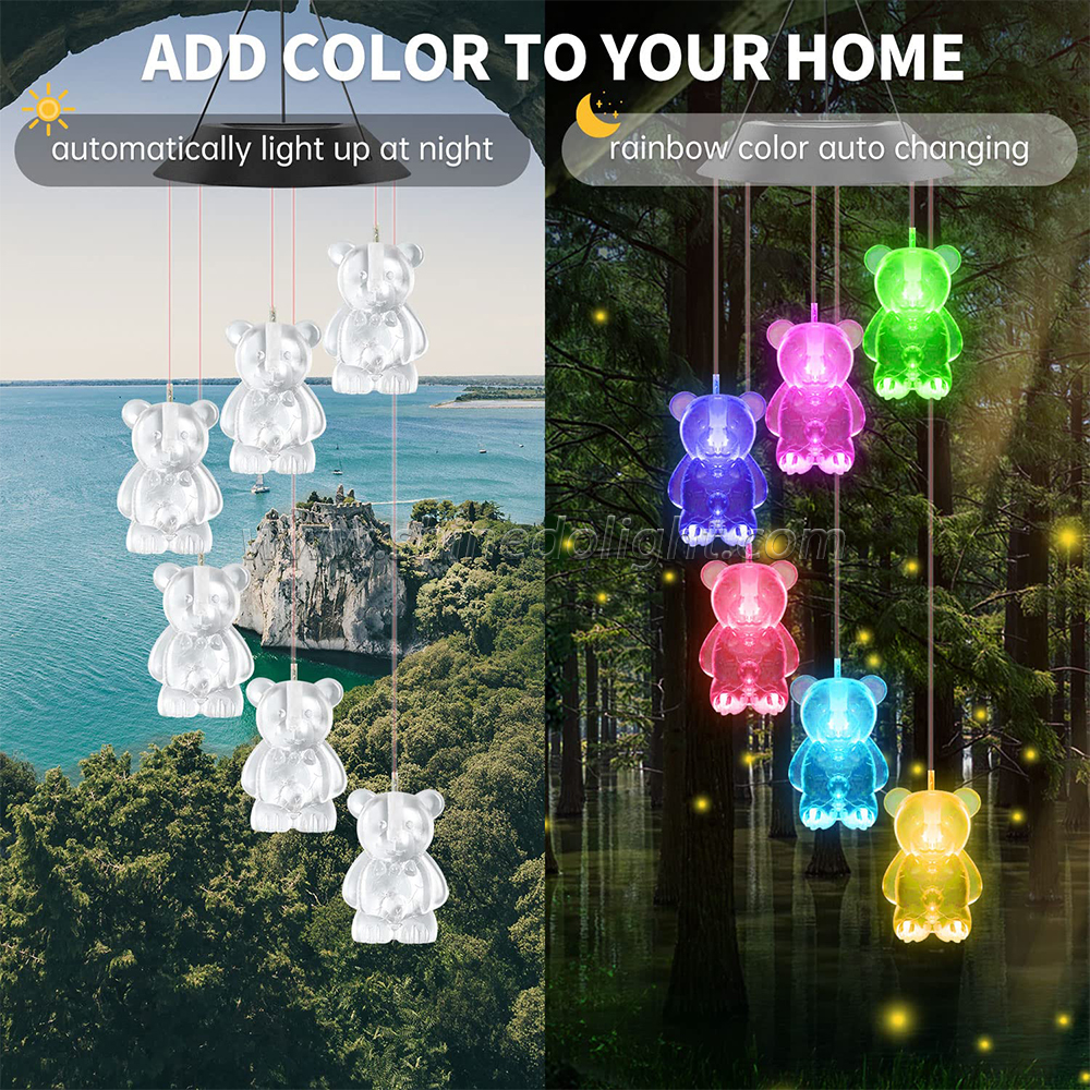 resin ABS plastic LEDs solar  garden Litter Bear wind chimes with waterproof