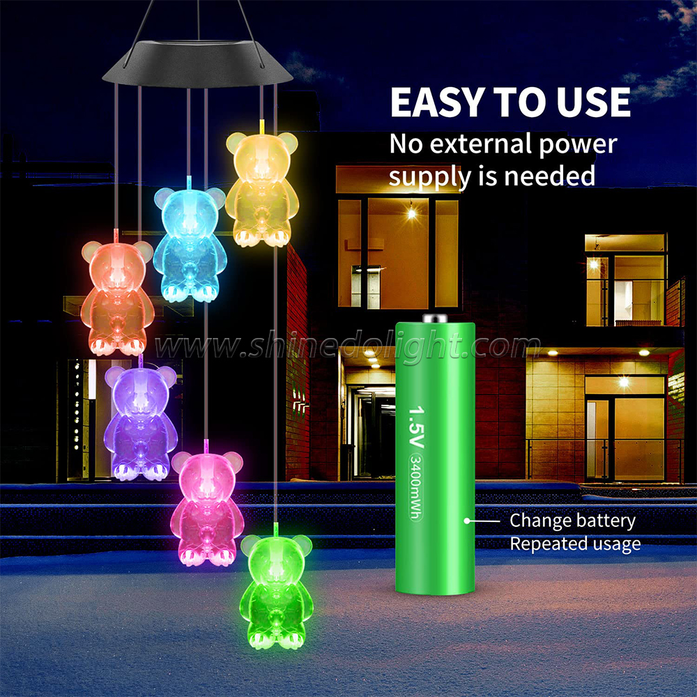 resin ABS plastic LEDs solar  garden Litter Bear wind chimes with waterproof