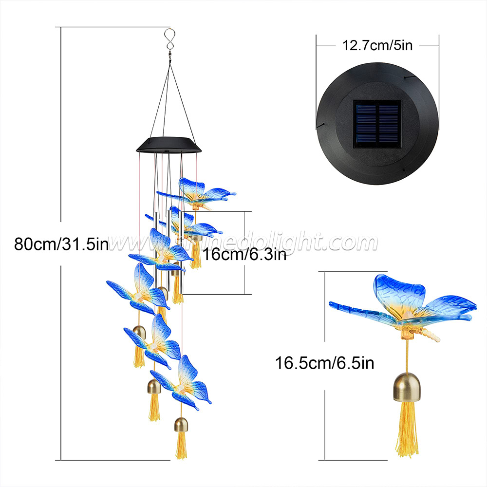 Solar Wind Chimes for Outside Garden Decoration Aluminum Alloy Tubes Solar Butterfly Wind Chimes with Bell